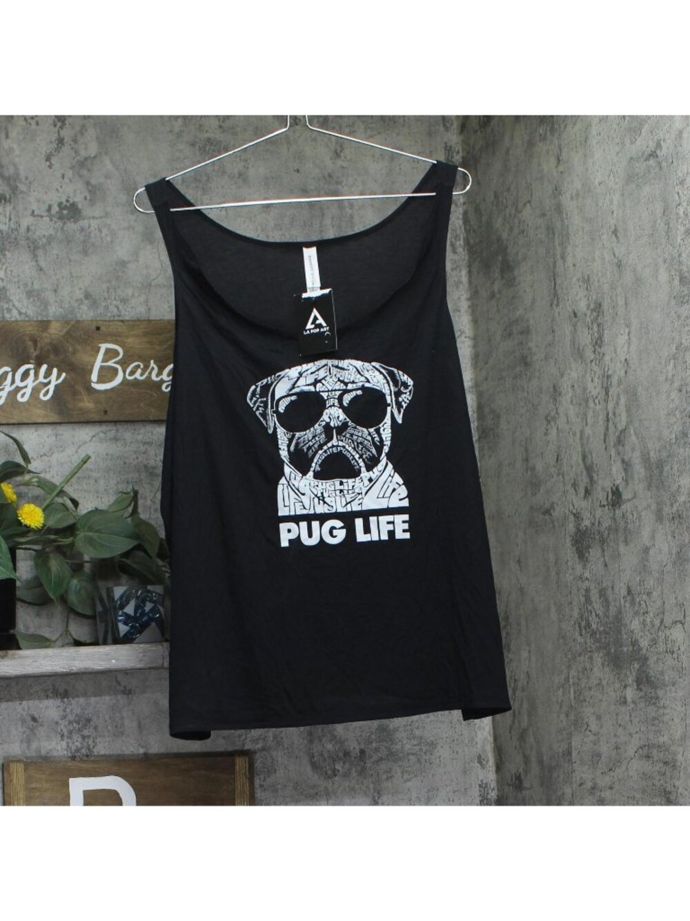 LA Pop Art Womens Word Art "Pug Life" Flowy Tank Top Black 2XL